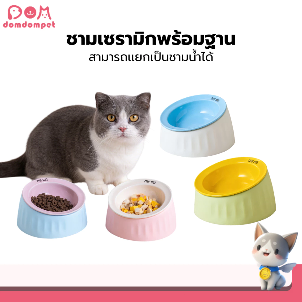 Domdompet ชามเซรามิกพร้อมฐาน ชามอาหารเเมว ชามเซรามิก2in1 เอียง15องศา