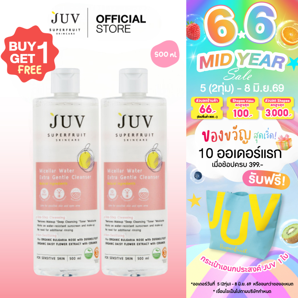 [  1 แถม 1   ]   JUV Micellar Water Extra Gentle Cleanser 500 ml