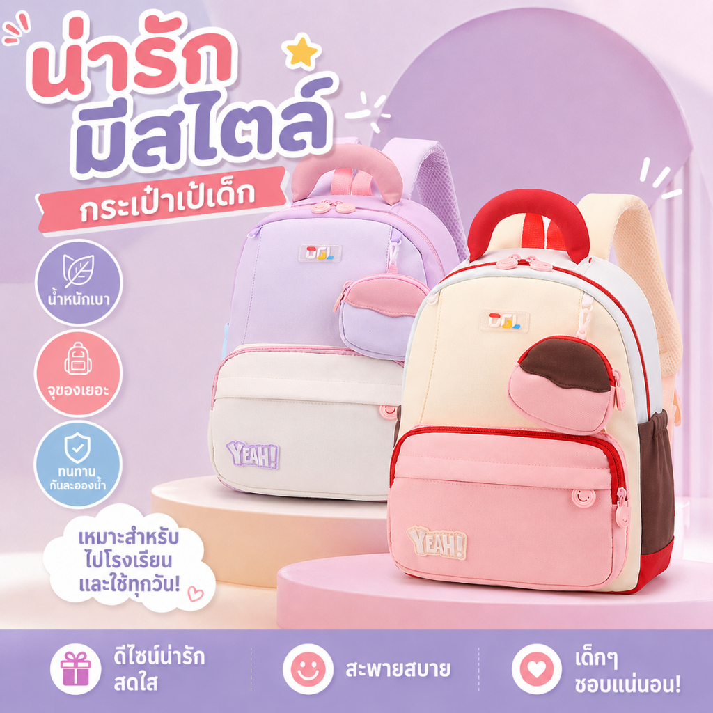 KiKi กระเป๋านักเรียนเด็กอนุบาล กระเป๋าเป้ลายน่ารัก น้ำหนักเบา ใส่ขวดน้ำได้ เหมาะสำหรับไปโรงเรียน