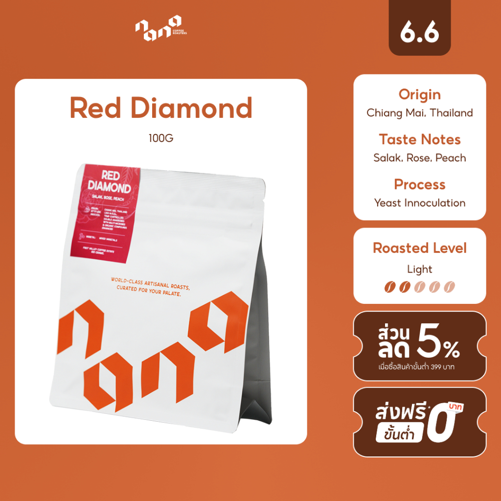 Red Diamond เมล็ดกาแฟคั่วอ่อน 100g by Nana Coffee Roasters