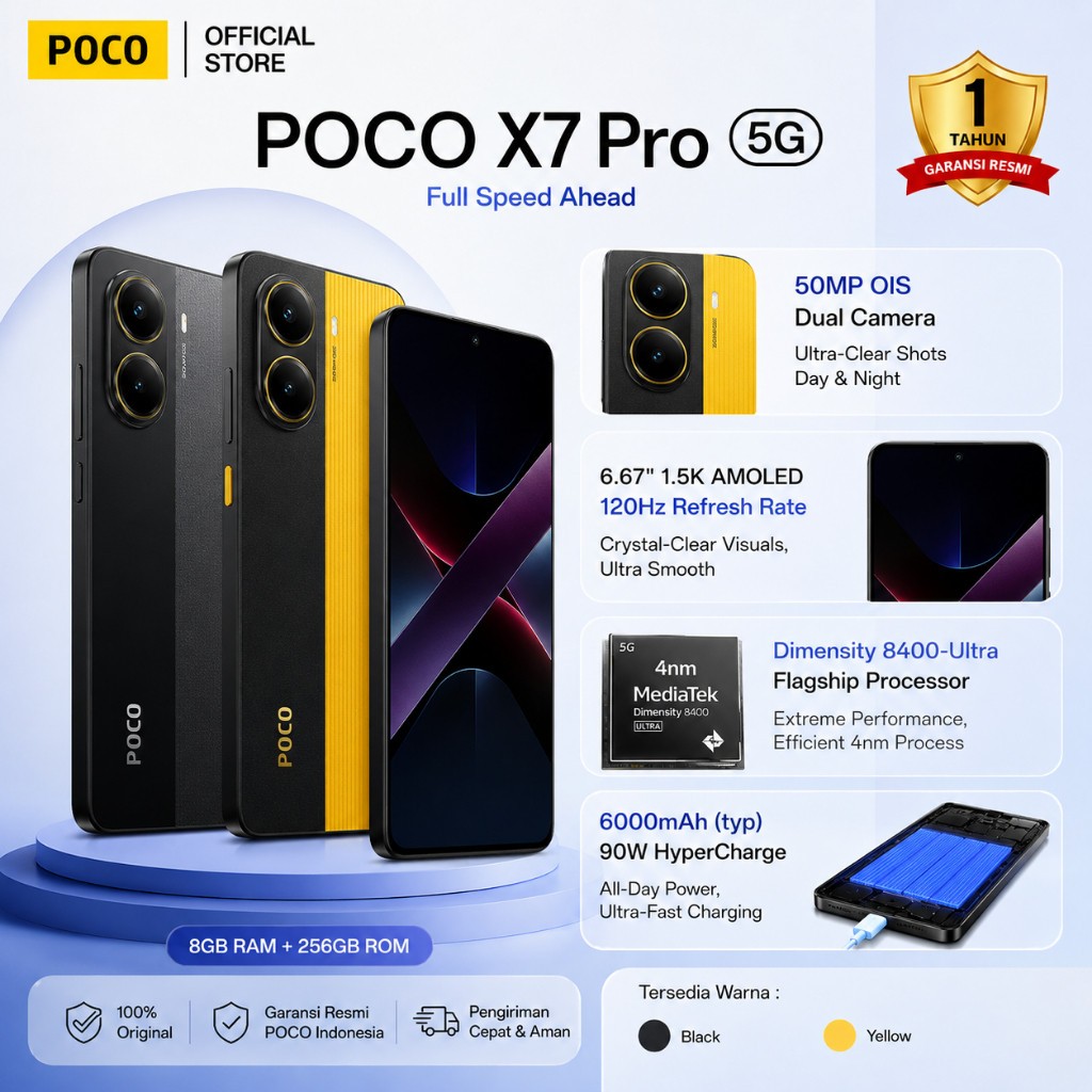 POCO X7 PRO 8+256GB |ชิปเซ็ต Dimensity 8400-Ultra ระดับเรือธง|แบตเตอรี่ 6000mAh (typ)
