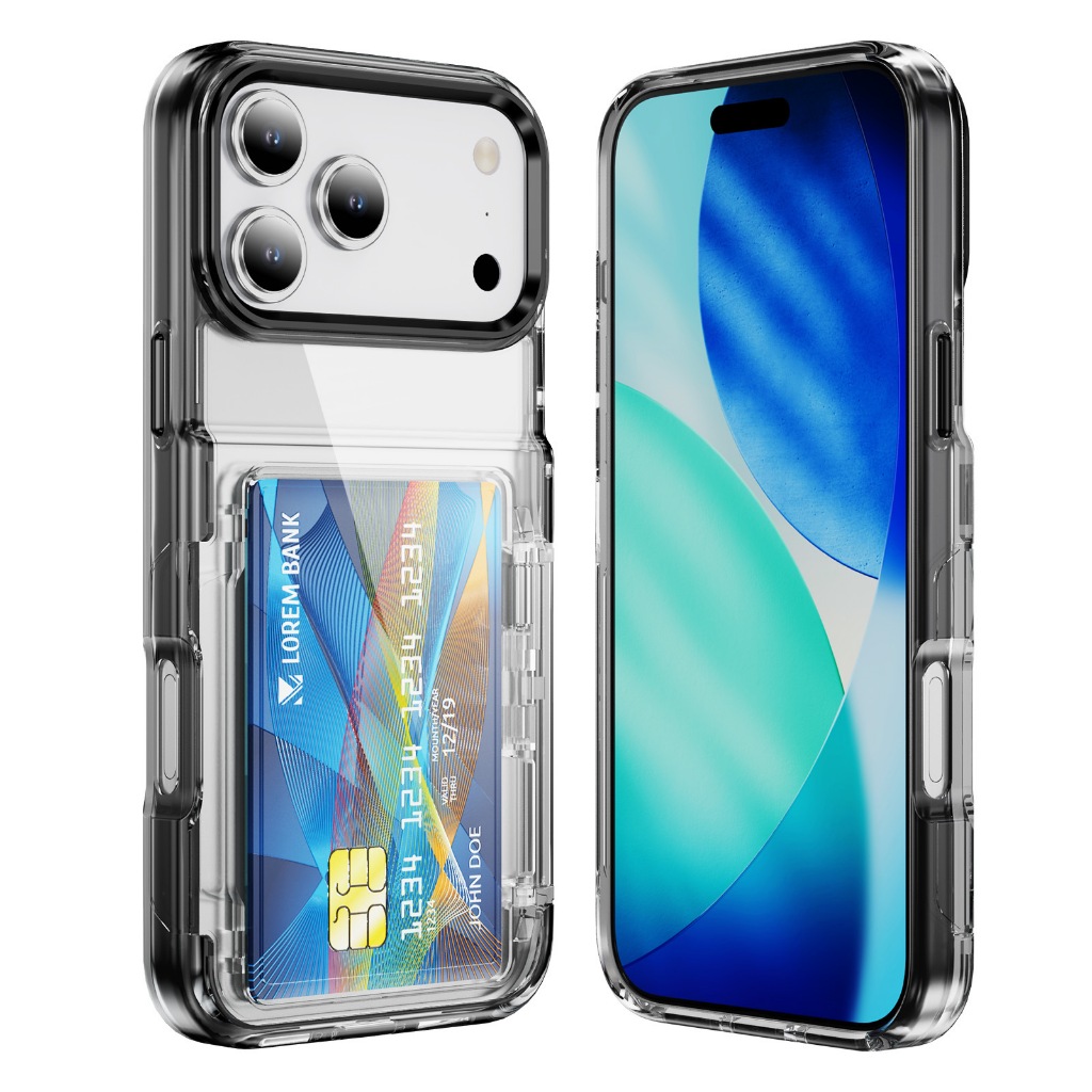 เคส iPhone 17 Pro Max ใสกันกระแทก ช่องใส่บัตร 2 ใบ ฝาพับล็อกบัตร ขาตั้งพับได้ กันตก ป้องกันเลนส์ ขอบยกสูง สีใส/ดำใส