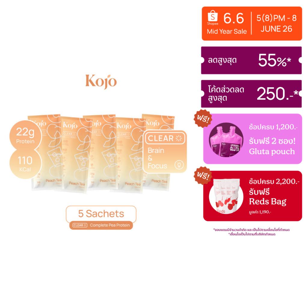 1 Box : Kojo Clear Protein 5 sachets โปรตีนพืชสูตรใส รสชาติชาพีช 1 กล่อง 5 ซอง