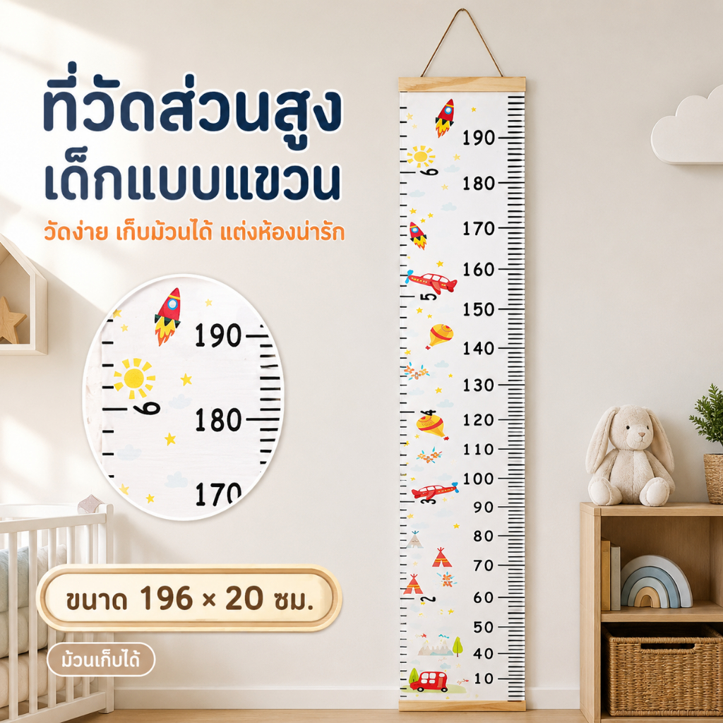 ไม้บรรทัดวัดความสูงของเด็กตั้งแต่เด็กถึงผู้ใหญ่ แผนภูมิวัดส่วนสูงเด็กแบบม้วนขึ้นได้