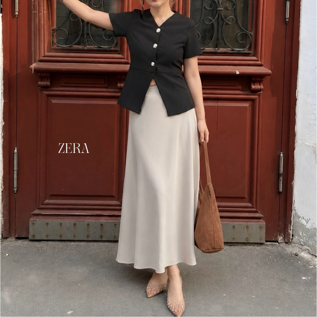 Zera Set (ส่งด่วน )ชุดเซ็ตเสื้อพร้อมกระโปรง เสื้อแขนสั้นติดกระดุมหน้า มีเชือกด้านหลังเก็บทรง เรียบหรู