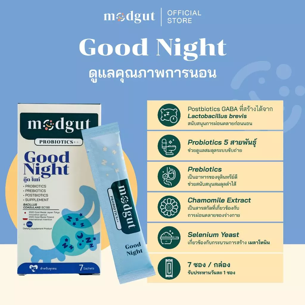 Modgut โพรไบโอติกส์ Probiotics++ สูตร Good Night สำหรับคนหลับยาก เครียด ดูแลการนอน & สมดุลลำไส้ เซตทดลอง 7 ซอง