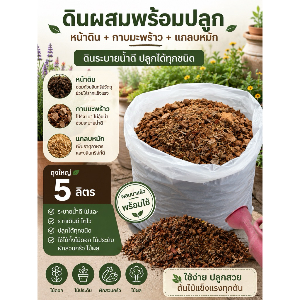 ดินผสมหน้าดิน+แกลบหมัก พร้อมปลูก ถุงใหญ่5ลิตร