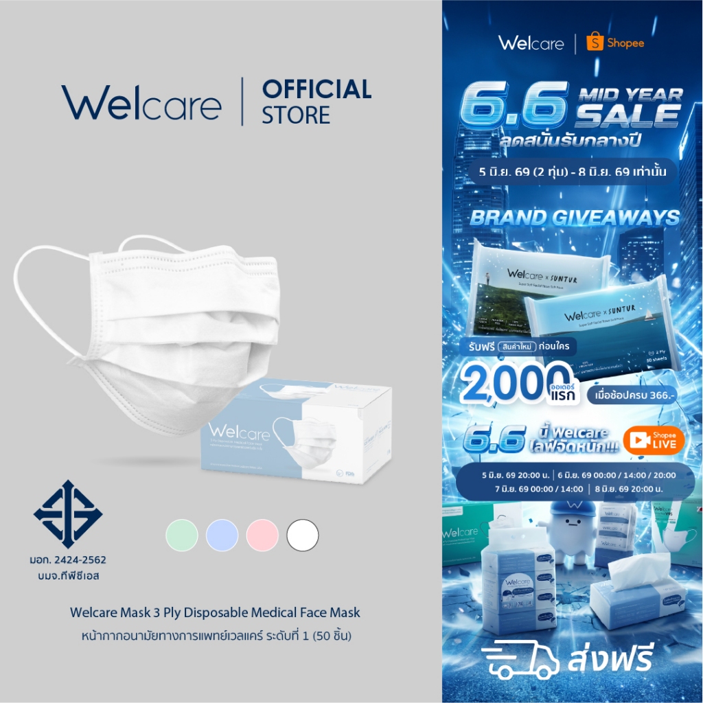 หน้ากากอนามัย Welcare ทางการแพทย์ 3 ชั้น ระดับ 1 ช่วยป้องกันฝุ่น PM2.5 50 ชิ้น/กล่อง
