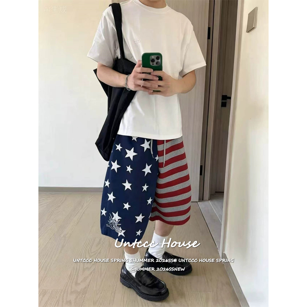 [Retro trendy printed cropped pants]กางเกงครอปเอวยืดมีเชือกดึงลายผสานไม่รัดเอว ทรงกว้างปกปิดสะโพกและ