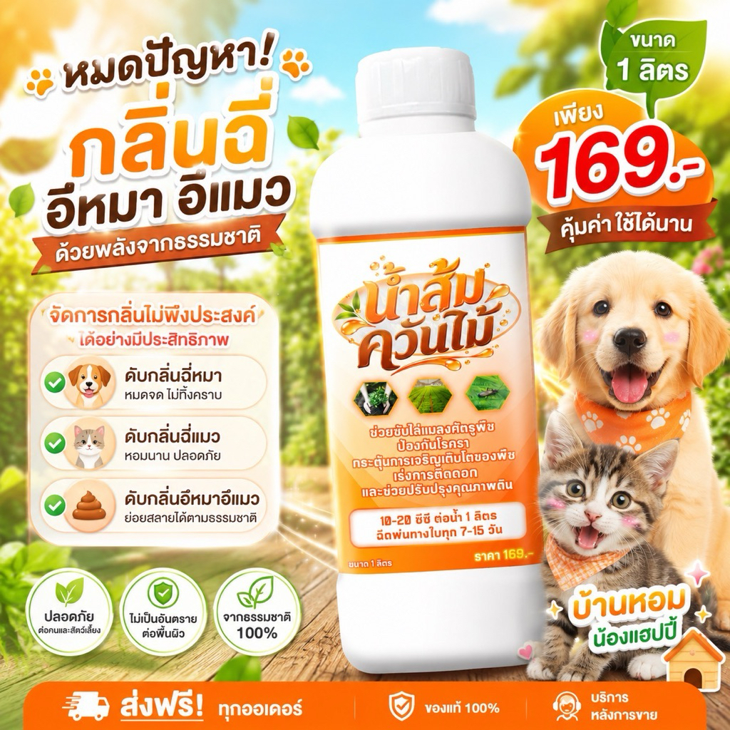น้ำส้มควันไม้ไล่แมลง ป้องกันเชื้อรา ลดกลิ่นฉี่ สัตว์เลี้ยง 1ลิตร