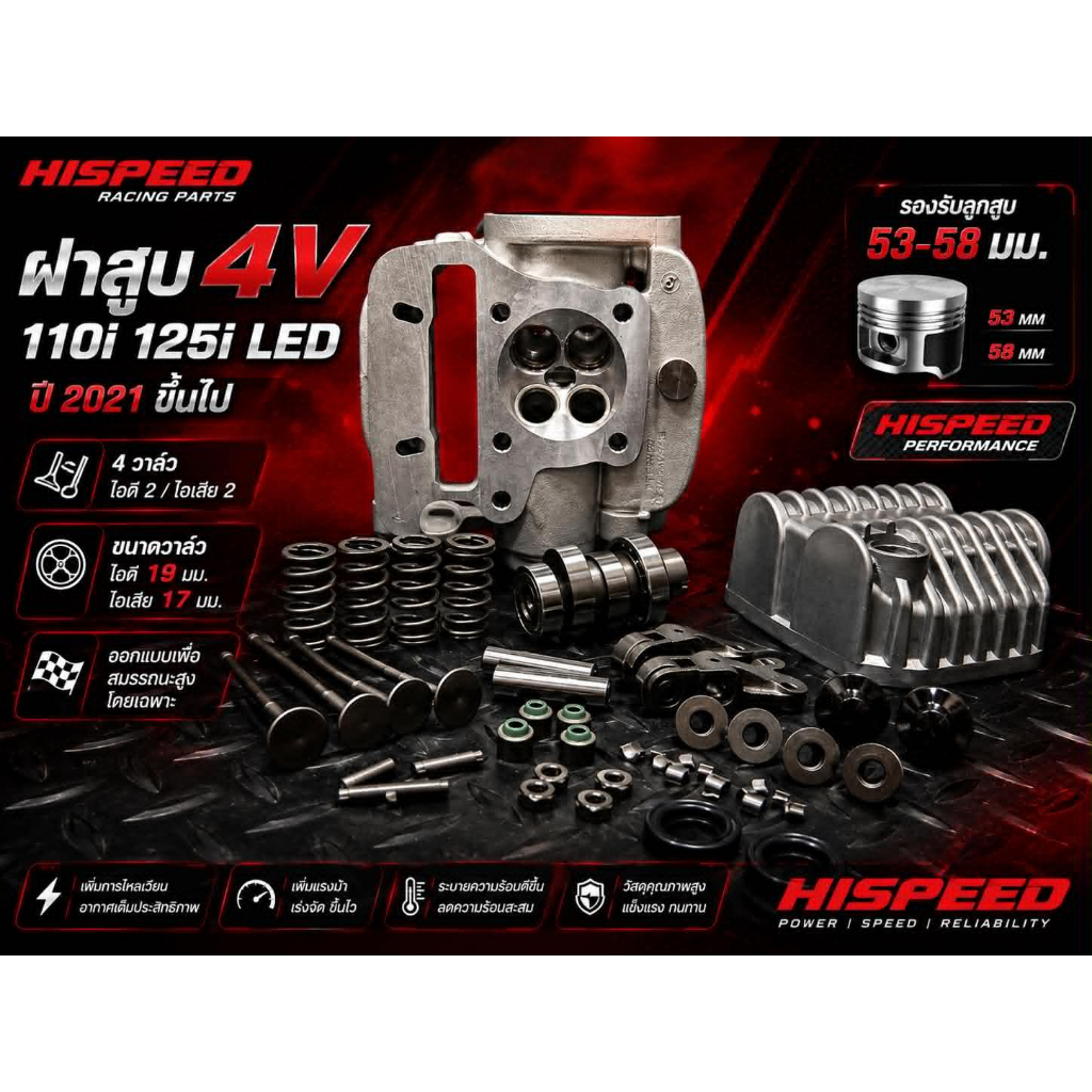 ฝาสูบ4Vลูก53-57 WAVE110i 2021-2023+ DAX125 CT125  Grom125/5-SPEED , WAVE125-I LED 2023 + | HISPEED