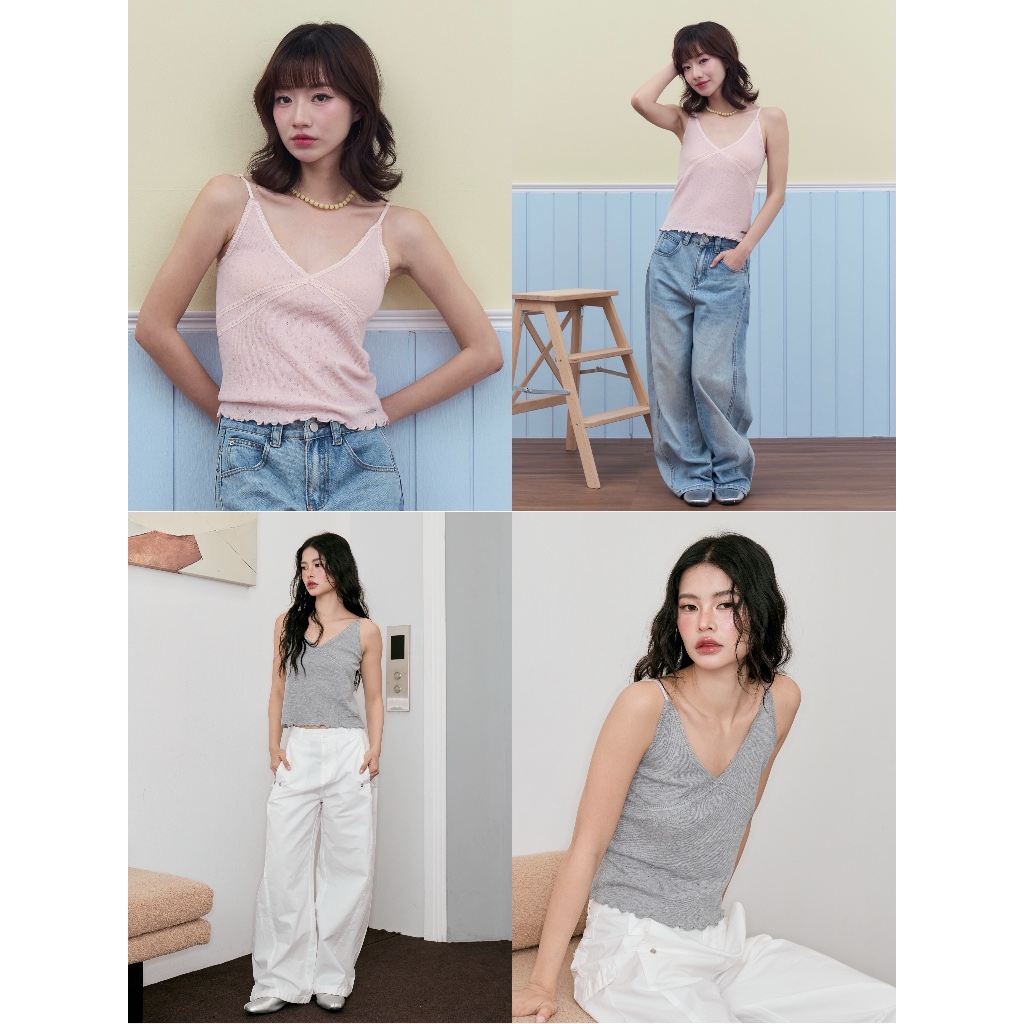 Sumwear.bkk - Mellow top เสื้อสายเดี่ยวผ้าฉลุแต่งลูกไม้ปลายระบาย (สายปรับระดับได้)