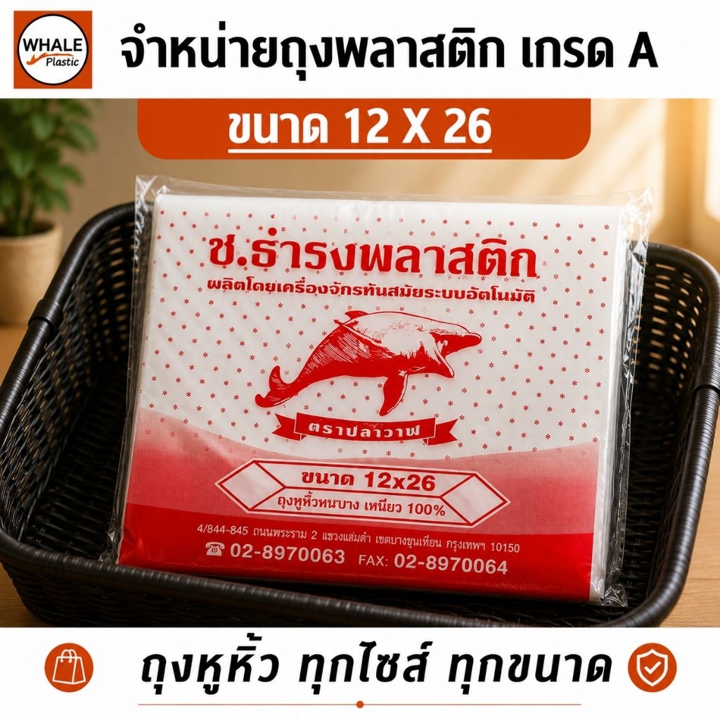 ถุงหิ้ว 12x26 เหนียว เกรด A ราคาโรงงาน ตรา Whale