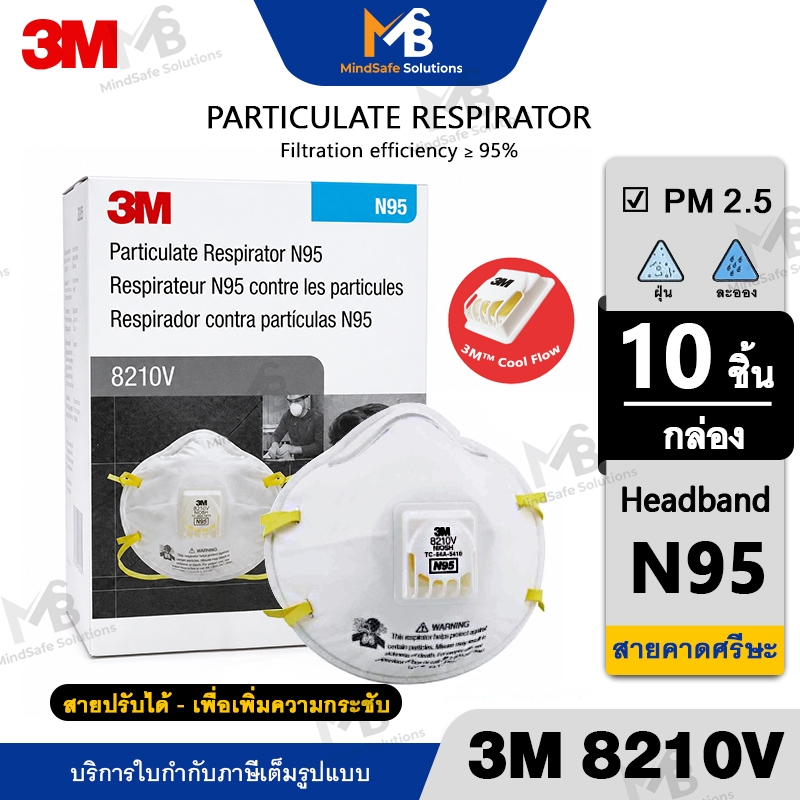 3M 8210V มีวาล์ว (กล่อง 10 ชิ้น) สายรัดศรีษะ หน้ากากกรองอนุภาค ป้องกันฝุ่น ละออง N95