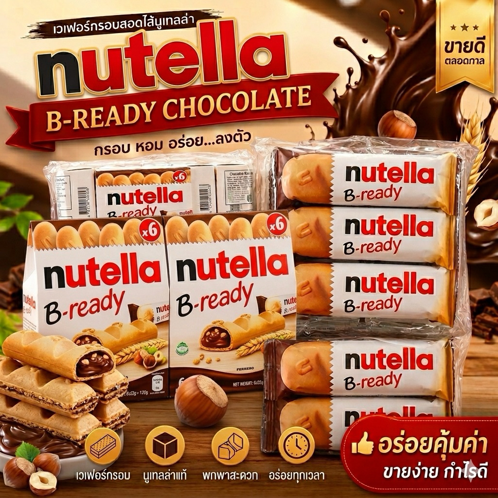 [ขายยกลัง16 กล่อง ใน1กล่องมี 6 ชิ้น] บิสกิตนูเทลล่าแท่ง B-ready T6 รสชาติเข้มข้น มีฮาลาล หมดอายุเดือน 9/2026