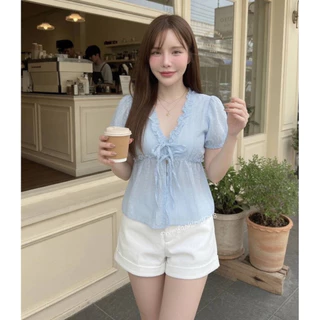 @PREM เสื้อคอวีลายดอกไม้ผ้าโรซี่ สวมใส่บาย อก32-38 เหมาะกับเที่ยวSummer🌞🌸