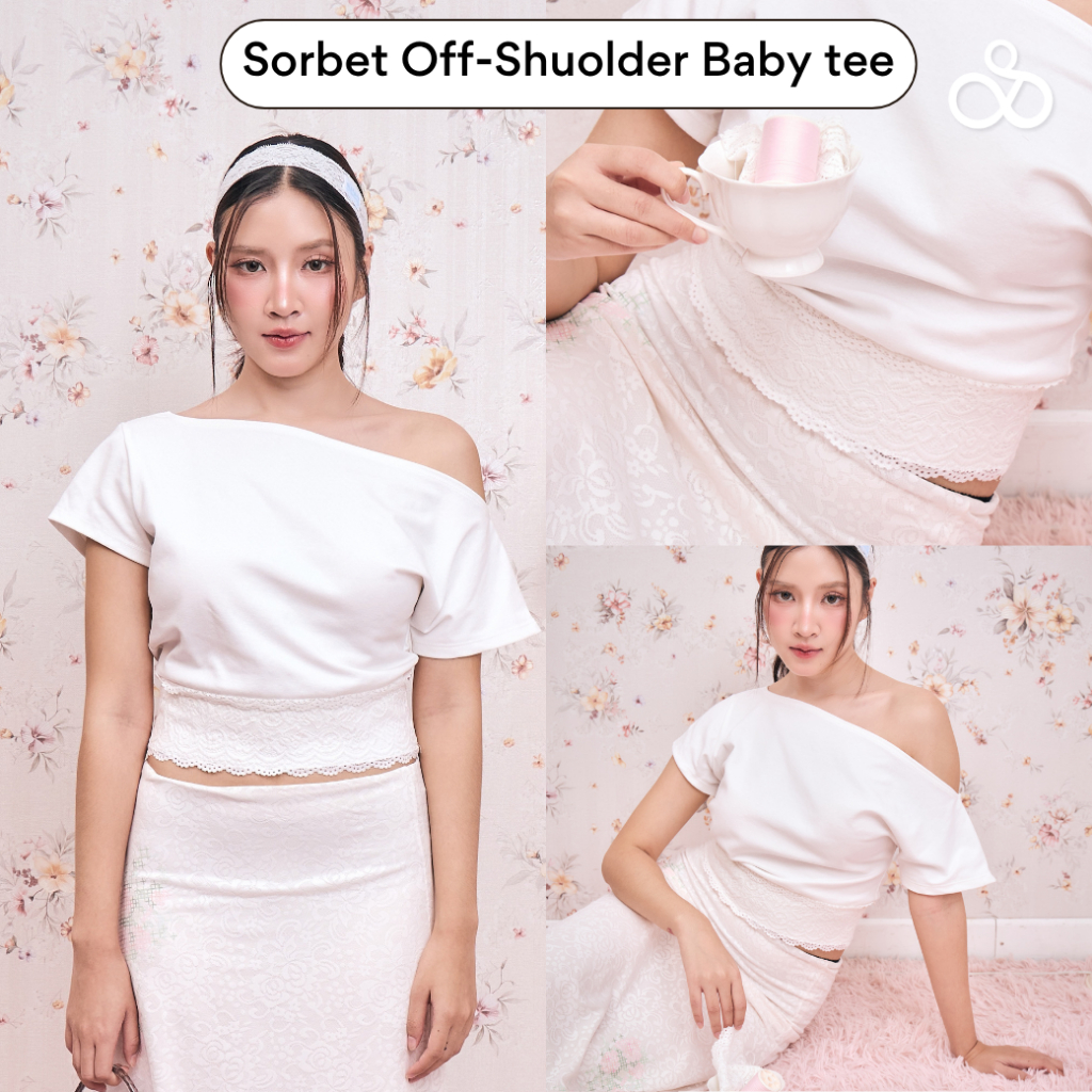 Sistersfabric - Sorbet Off-shoulder baby tee เสื้อปาดไหล่เอวจั้มดีเทลลูกไม้ที่ชาย ผ้ายืดยุ่นไม่บาง
