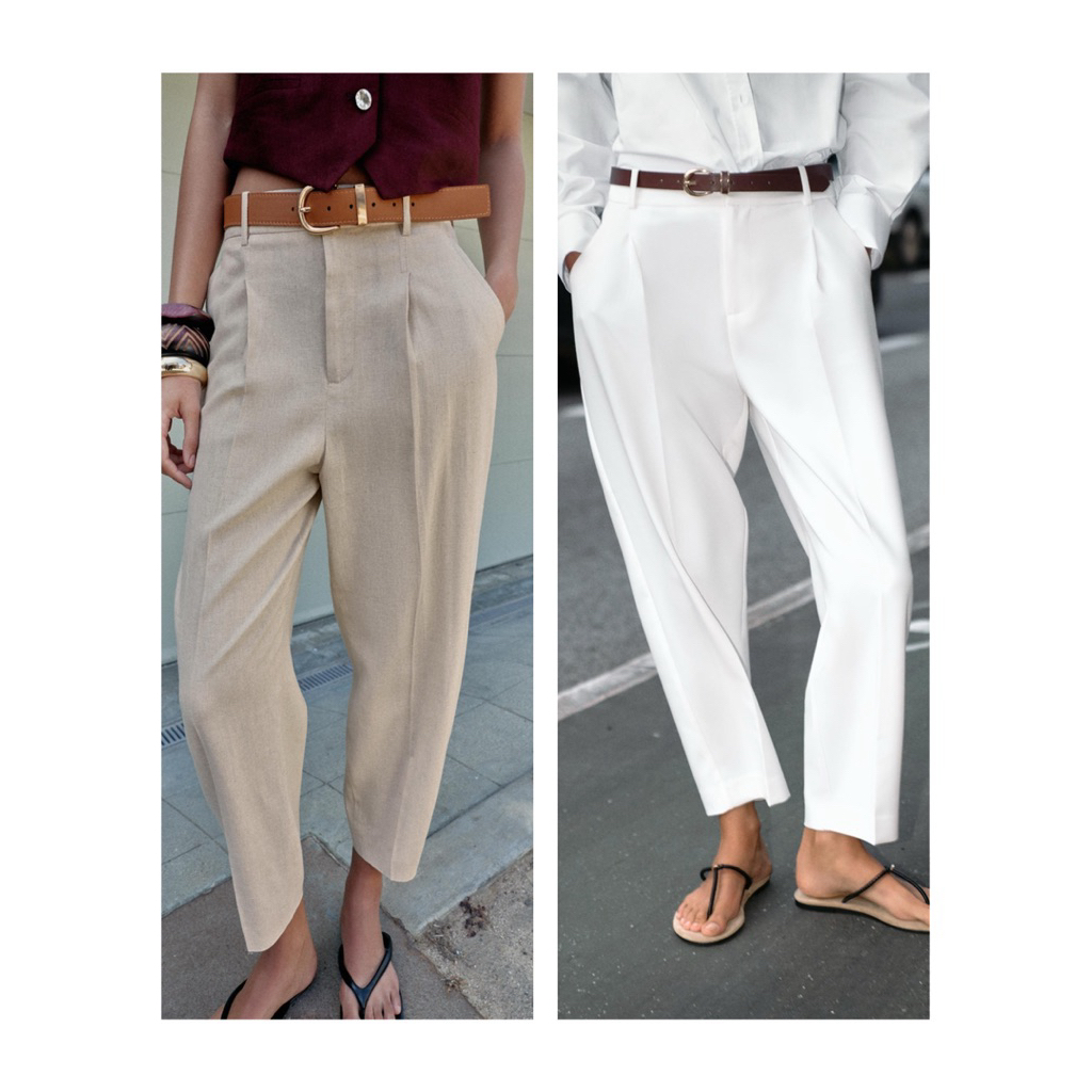 ZARA Cropped Trousers กางเกงผ้าลินิน เอวสูง ผ้านุ่ม งานแท้