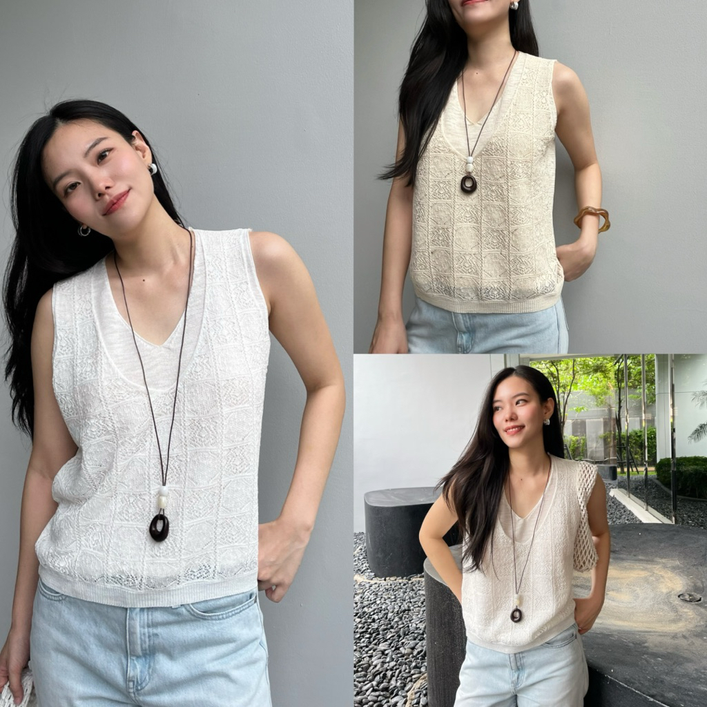 Moa Knit Top แถมสร้อย เสื้อถักแขนกุด2ชั้น ผ้าเบาสบาย