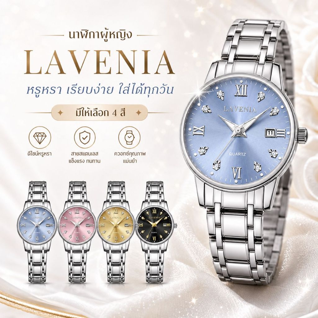 LAVENIA นาฬิกาข้อมือผู้หญิง สไตล์หรูหรา สายสแตนเลส หน้าปัดสวย มีวันที่ ใส่ได้ทุกวัน