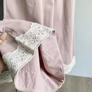 กางเกงขายาวแต่งลูกไม้ เอวสูง ขากว้าง เอวยางยืด ใส่สบาย พรางหุ่น ทรงปล่อย สาวอวบ เกาหลี ลำลอง ไปคาเฟ่