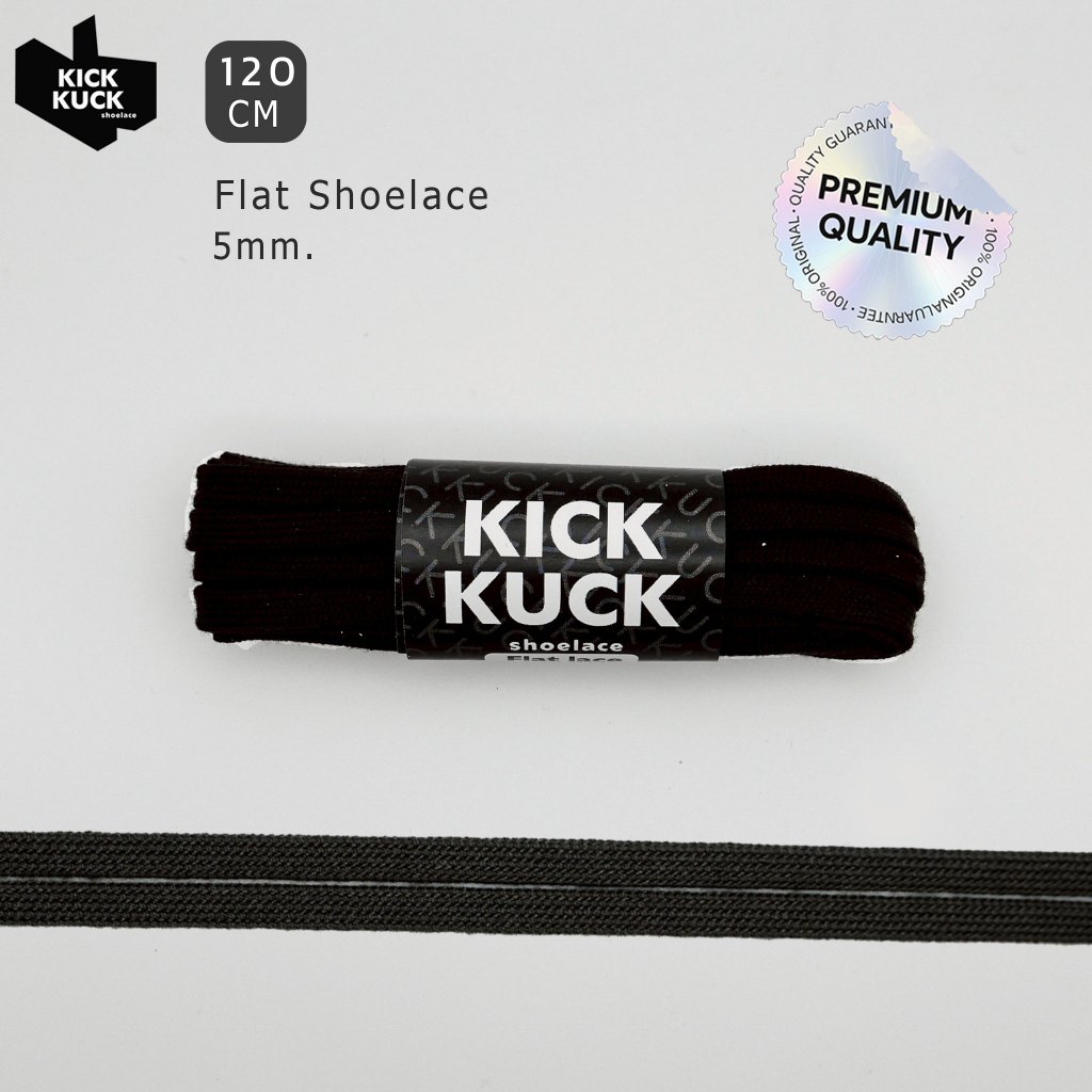 (แน่น2ชั้น เล็กเฉียบ 5mm.) เชือกรองเท้าสีดำ (KICKKUCK) สำหรับรองเท้าวิ่งและกีฬา ทรงแบน FLAT LACE ยาว 120cm.มาตรฐาน