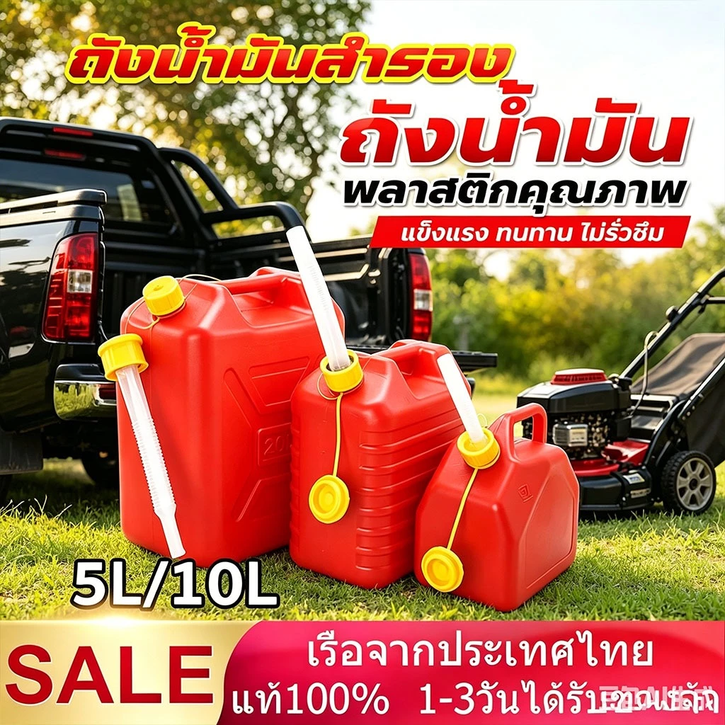 ถังน้ำมันสำรองพลาสติก 5L 10L สีแดง HDPE พกพาง่าย ท่อเติมยาวกันรั่ว สำหรับมอเตอร์ไซค์ เครื่องตัดหญ้า COD