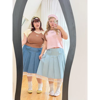 Chubbygirlbkk-Pleat denim&barbie lace skirt₊˚ෆ⊹.ᐟ🌀🩶”กระโปรง จีบพลีทยาว แต่งชายลูกไม้ สาวอวบ