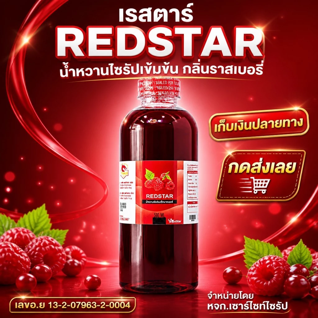ฝาแดง ขนาดครึ่งลิตร REDSTAR หัวน้ำหวานเข้มข้นกลิ่นราสเบอรี่ ขนาด500ML จำนวน1ขวด RED5-1