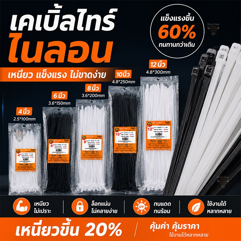 เคเบิ้ลไทร์ 100เส้น Cable Tie 4/6/8/10/12นิ้ว สายรัดไนล่อน หนวดกุ้ง สายเคเบิ้ลไทร์ Nylon Plastic ขายส่ง จังหวัดปท
