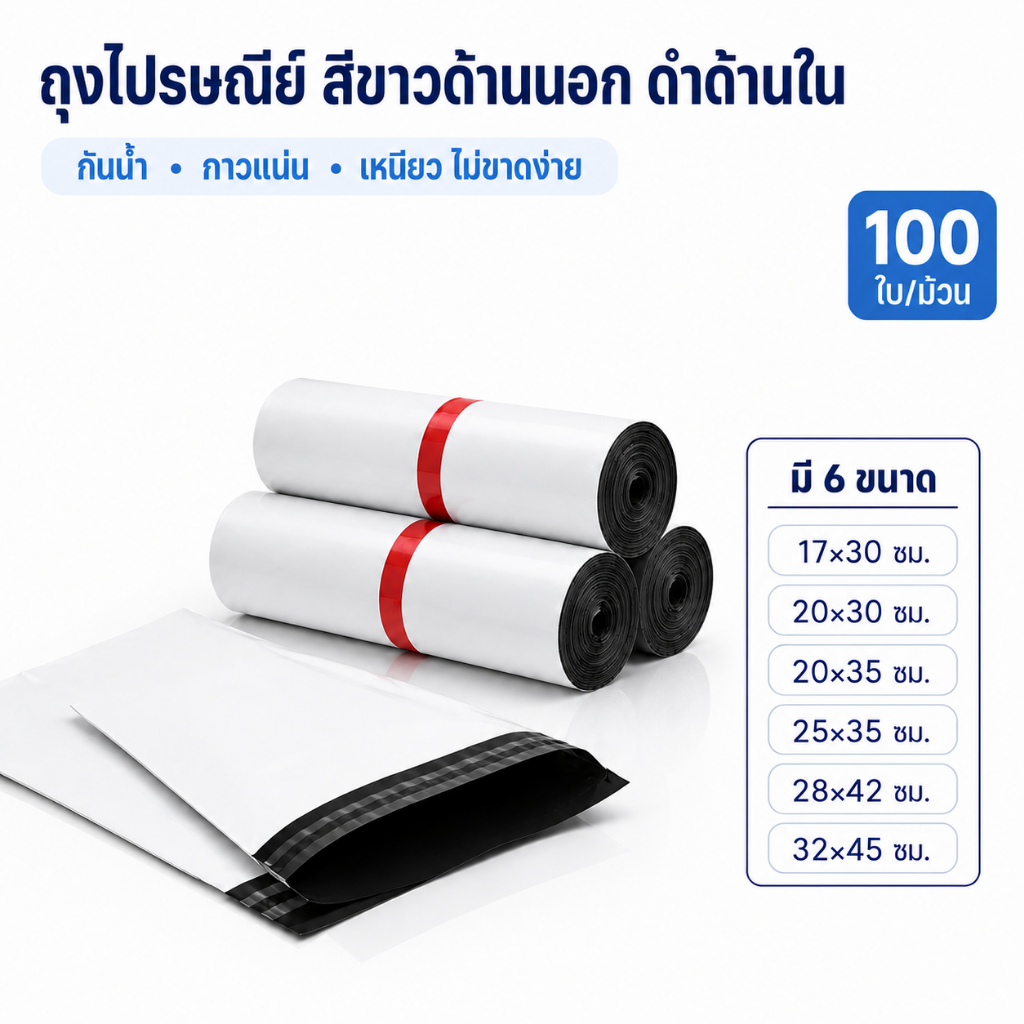 ซองพลาสติกไปรษณีย์ สีขาว ขนาด 38*52 100ใบ/มัด ถุงพัสดุ ถุงไปรษณีย์ ซองพัสดุ กาวเหนียว กันน้ำ ราคาถูก