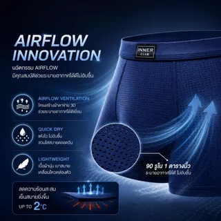 INNERCLUB บ๊อกเซอร์ชาย รุ่นAirFlow ระบายอากาศ ลดแบคทีเรีย แพค 3 ตัว คละสี กางเกงในชาย Boxer