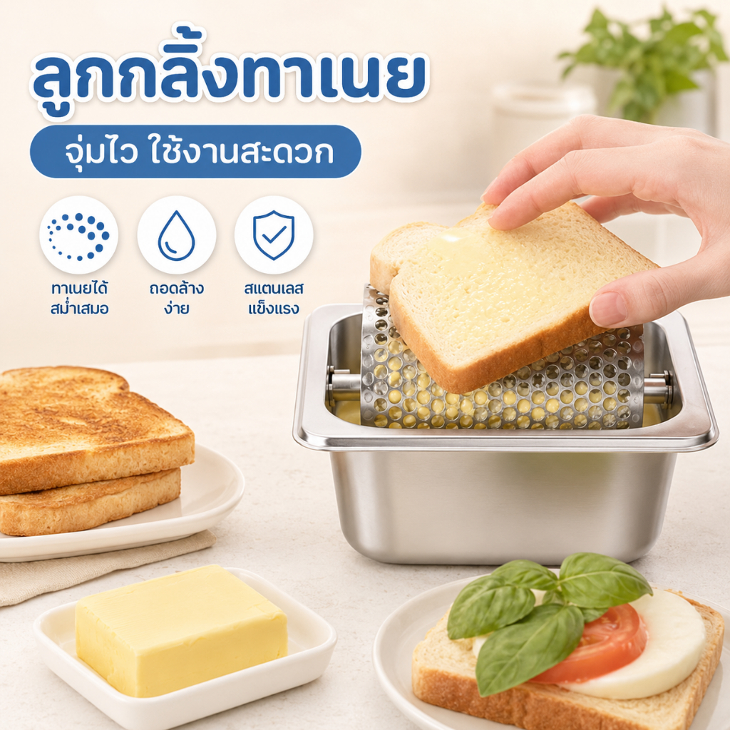 เครื่องทาเนยสแตนเลส ลูกกลิ้งทาเนย อุปกรณ์ทาเนยขนมปัง ถอดล้างง่าย ไม่เป็นสนิม สำหรับร้านเบเกอรี่และเบอร์เกอร์