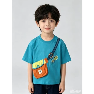 BB324 เสื้อทีเชิร์ตลูกชายฤดูร้อน สีฟ้าเขียว กระเป๋าสะพายผ้าจริงติดเสื้อหลายเฉดสี