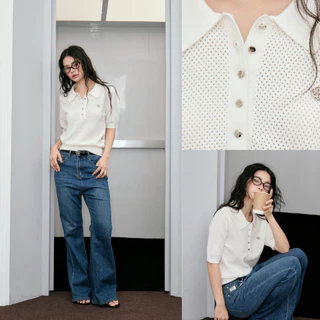 MUSTNIMAL | Polene Knit polo เสื้อไหมโปโล กระดุมเงินปั๊มโลโก้ ลายฉลุละเอียด ใส่ทำงานได้ ผ้านุ่ม ใส่สบาย everyday look