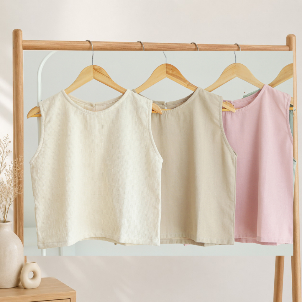เสื้อผ้าฝ้ายแขนกุด-ครอป (FREE SIZE รอบอก 40 นิ้ว) สีเอิร์ธโทน แบบมินิมอล ใส่เที่ยว อยู่บ้าน หน้าร้อน สงกรานต์ ใส่สบาย