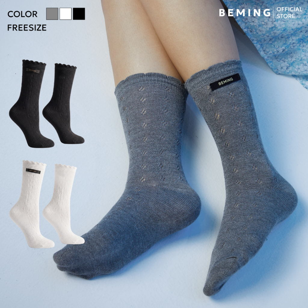 BEMINGSocks001 - ถุงเท้าข้อยาวดีไซน์ลูกไม้ฉลุลาย เพิ่มความน่ารักให้ทุกลุคแบบสาวเกาหลี