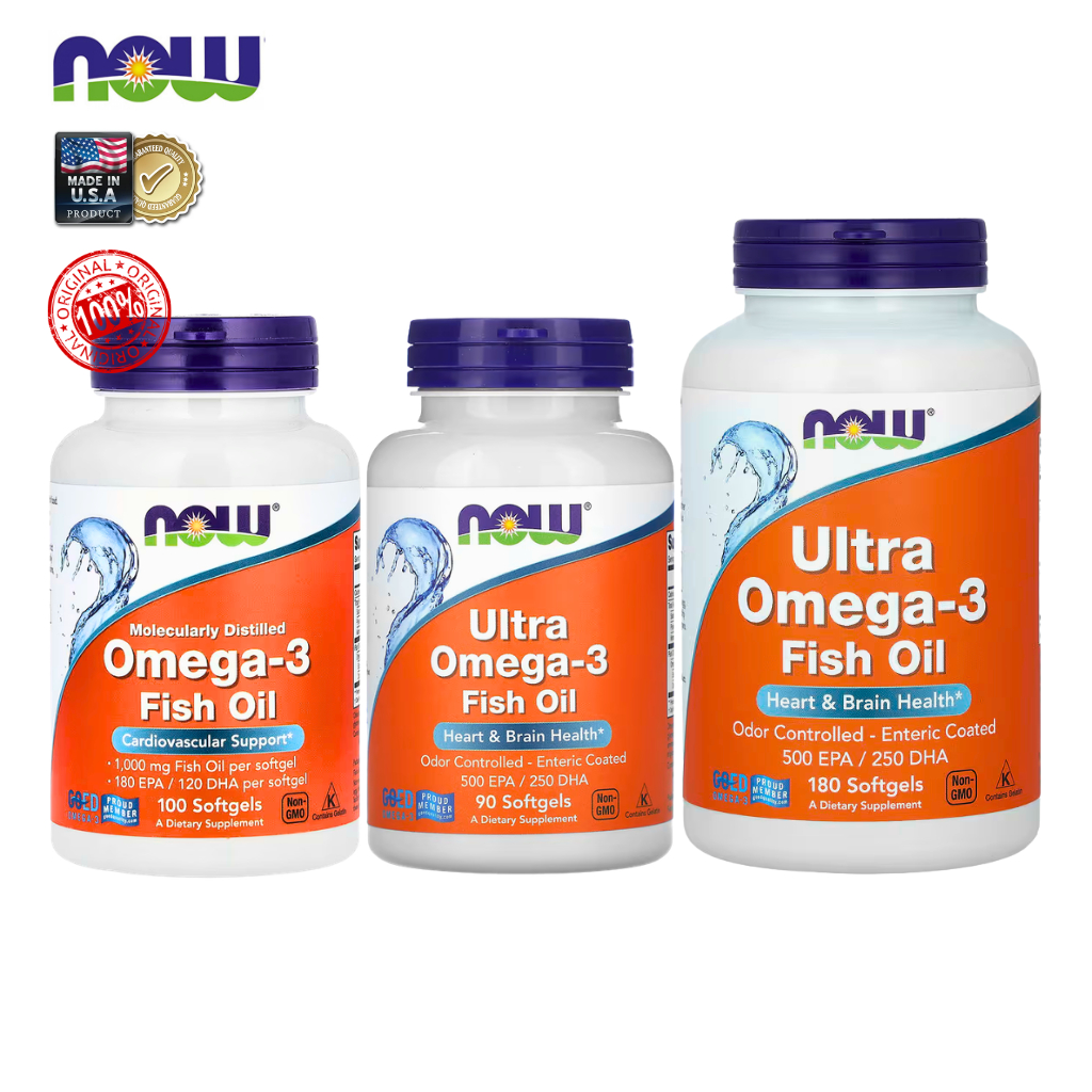 NOW Foods | Omega-3 Fish Oil | บำรุงสมอง หัวใจ ข้อต่อ | น้ำมันปลาโอเมก้า 3 | 90-180 เม็ด | แท้