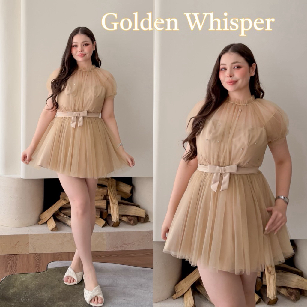 Lady M | Golden Whisper dress plussize เดรสสั้นสีทองหรูหรา สาวอวบ พลัสไซส์ ลุคไฮโซ ติดแกรม ใส่ออกเดท งานเลี้ยง