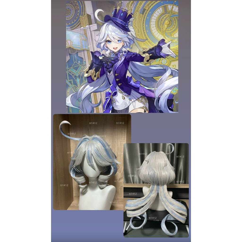 วิก Wig Cosplay Furina Genshin Impact (วิกร้านอ้อยทรงถาวร หงอนแม่เหล็ก ถอดเทลได้ เซ็ตแล้ว) / อ่านราย