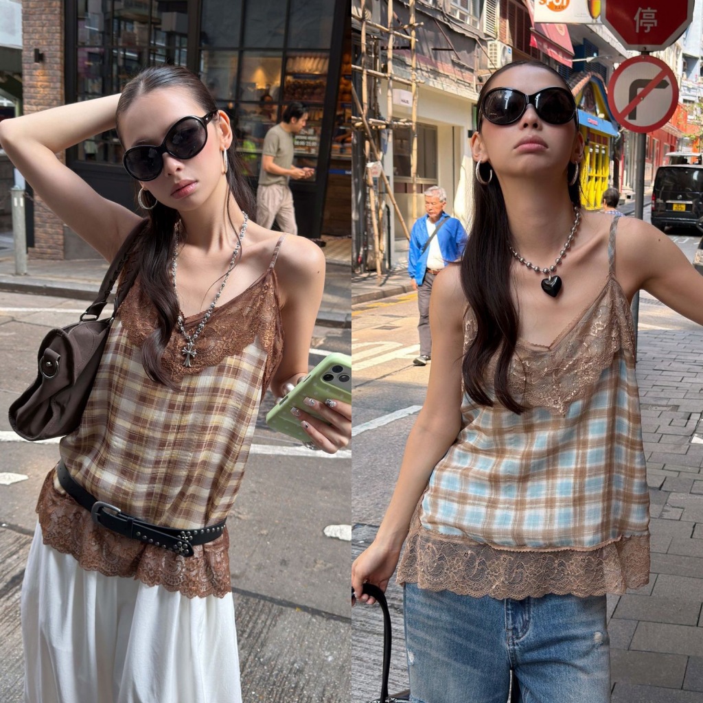 BY0531 เสื้อสายเดี่ยวทรงหลวม ลายสก็อตผ้าข้าง แต่งลูกไม้ benly