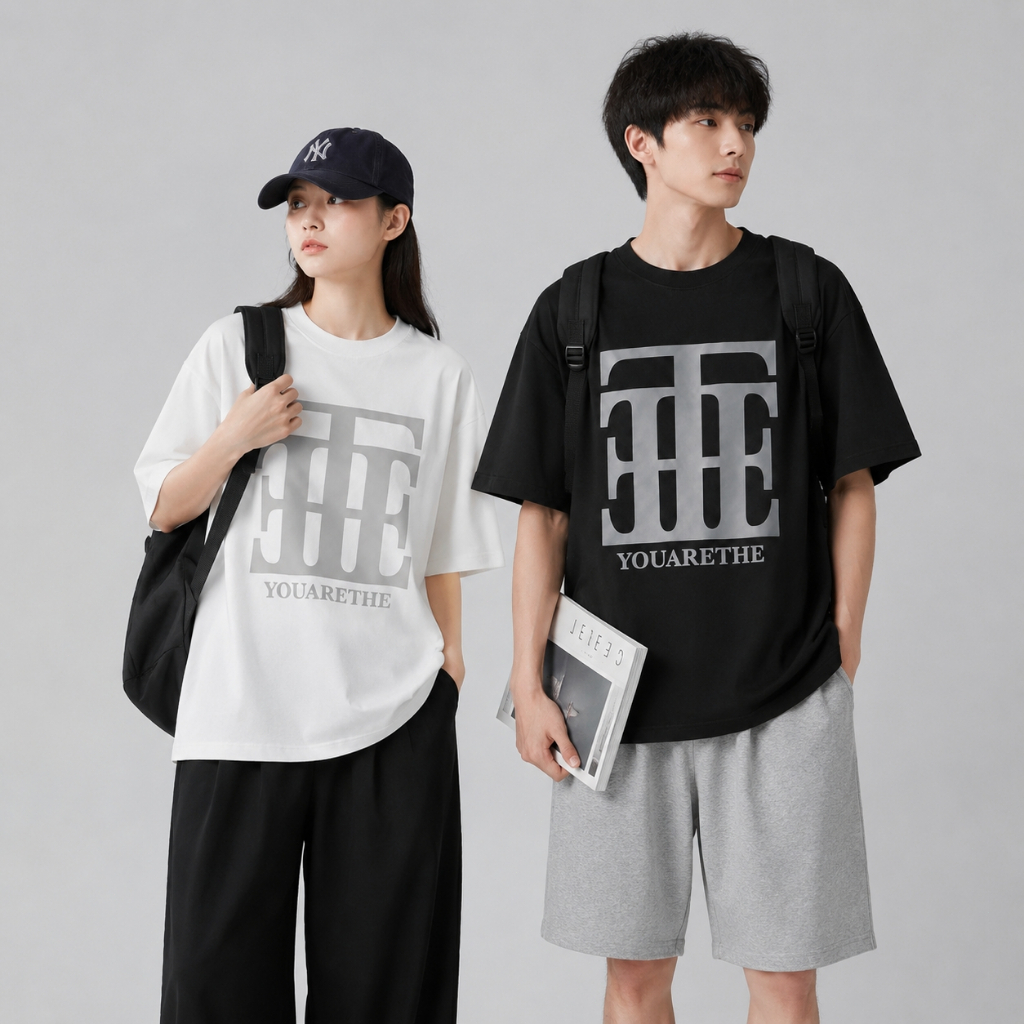 เสื้อยืด เสื้อยืดแขนสั้น เสื้อยืดหญิงชาย T shir ผ้าฝ้าย 100% ลายกราฟิกตัวอักษร YOUARETHE ทรงหลวมใส่ส