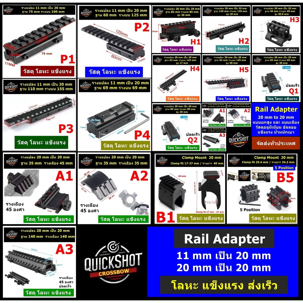ตัวแปลงราง 11 mm เป็น 20 mm / แปลง 20 mm เป็น 20 mm ยกสูง เฉียง หนีบ วัสดุอลูมีเนียมอัลลอย แข็งแรง ( Rail Adapter )