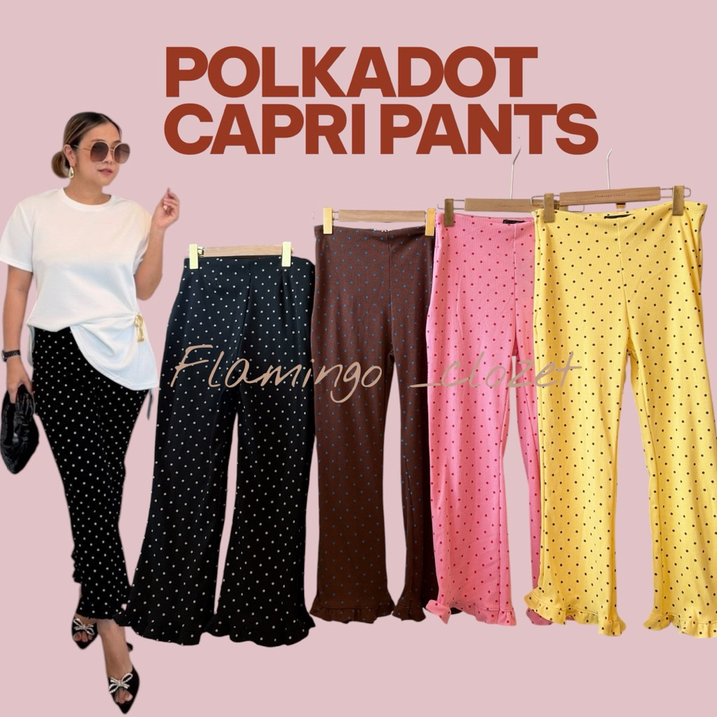 B23 กางเกงลายจุด ขาระบายผ้าร่องเกาหลี  polka dot capri pants