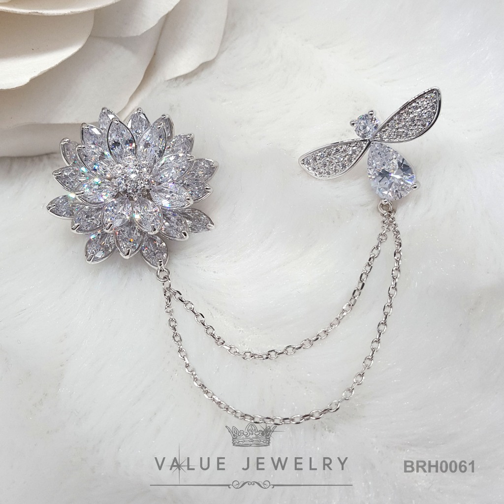 เข็มกลัด ฝังคริสตัลแท้ ลายผึ้ง และดอกไม้ ขนาดพอเหมาะ เครื่องประดับ BRH0061 ValueJewelry