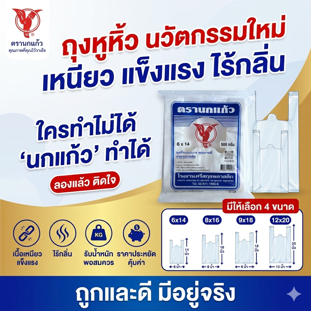 🛍️ถุงหูหิ้ว ถุงหิ้ว ตรานกแก้ว บางเหนียว ราคาประหยัด คุณภาพเยี่ยม รับน้ำหนักได้ดี ลองแล้วติดใจ ใช้คุ้ม ถุงใส่ของ