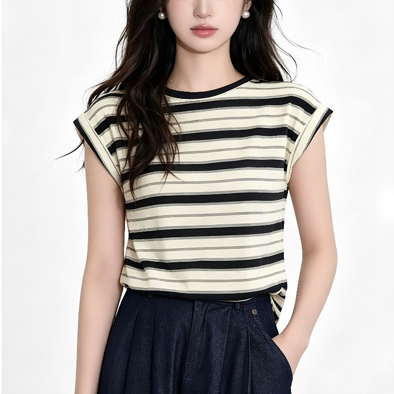 M-2XL~T-shirt ดีไซน์คอกลมทันสมัย ​​แขนระบาย เสื้อยืดแขนสั้นลายทางสไตล์เรโทรอเมริกันสำหรับผู้หญิง HOT
