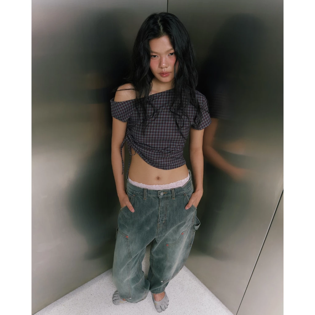 The Freckled Market - Plaid Off Shoulder Top เสื้อปาดไหล่