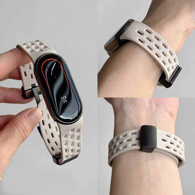 สายรัดข้อมือ Xiaomi Mi Band 10 อย่างเป็นทางการ พร้อมตัวล็อคแม่เหล็กระบายอากาศ และสายซิลิโคนเจาะรูสำหรับ Xiaomi 8/9 NFC