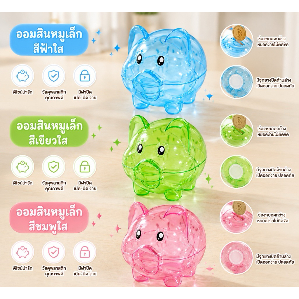 ออมสินหมูเล็ก สีใสคละสีเปิดไม่ได้มองเห็นเงิน